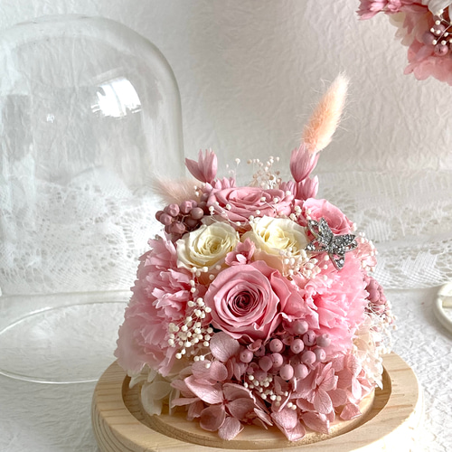 桜色ピンクホワイト系薔薇プリザーブドフラワーガラスドーム 母の日