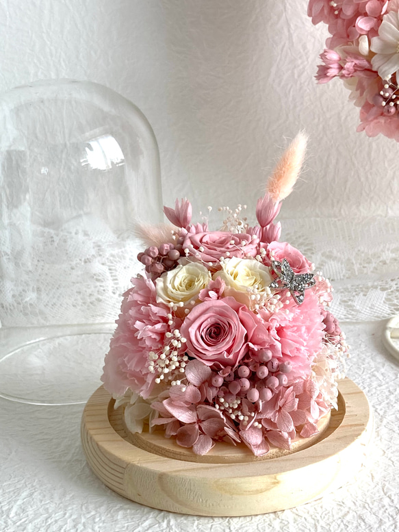 桜色ピンクホワイト系薔薇プリザーブドフラワーガラスドーム 母の日 結婚新築開店還暦祝い 誕生日プレゼント 敬老の日 13枚目の画像