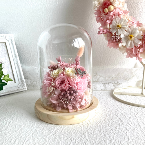 桜色ピンクホワイト系薔薇プリザーブドフラワーガラスドーム 母の日