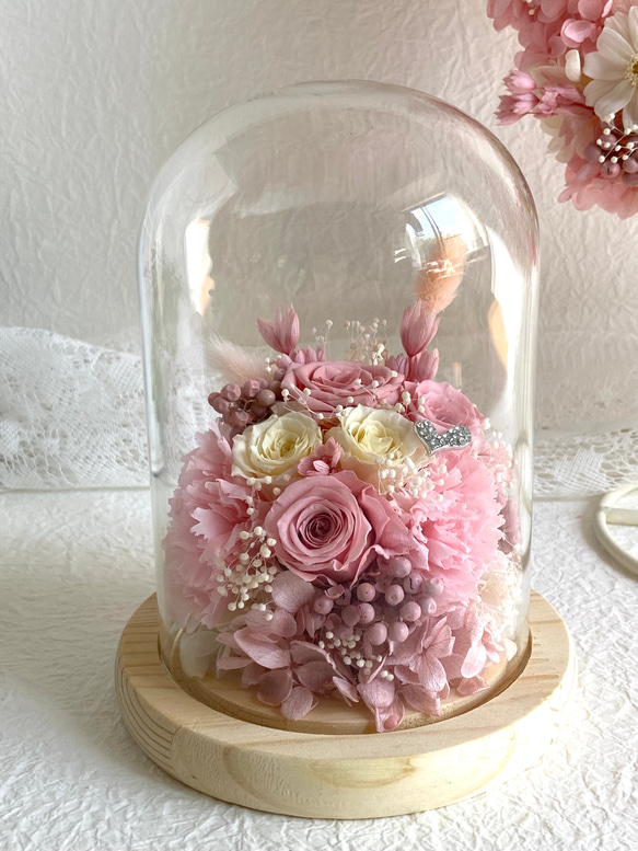 桜色ピンクホワイト系薔薇プリザーブドフラワーガラスドーム 母の日 結婚新築開店還暦祝い 誕生日プレゼント 敬老の日 1枚目の画像