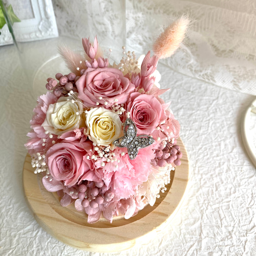 桜色ピンクホワイト系薔薇プリザーブドフラワーガラスドーム 母の日