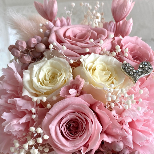 桜色ピンクホワイト系薔薇プリザーブドフラワーガラスドーム 母の日