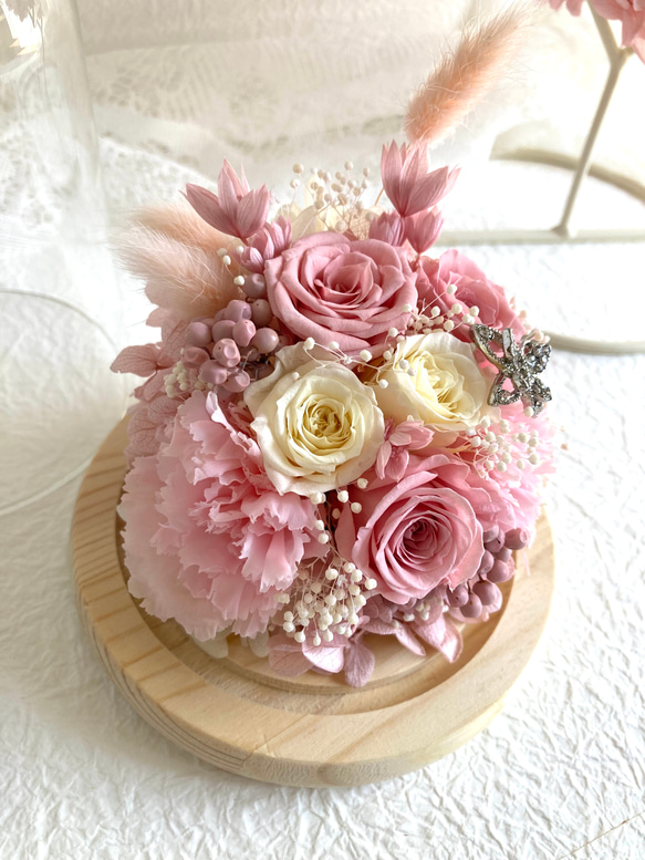 桜色ピンクホワイト系薔薇プリザーブドフラワーガラスドーム 母の日 結婚新築開店還暦祝い 誕生日プレゼント 敬老の日 15枚目の画像