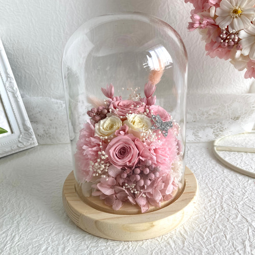 桜色ピンクホワイト系薔薇プリザーブドフラワーガラスドーム 母の日