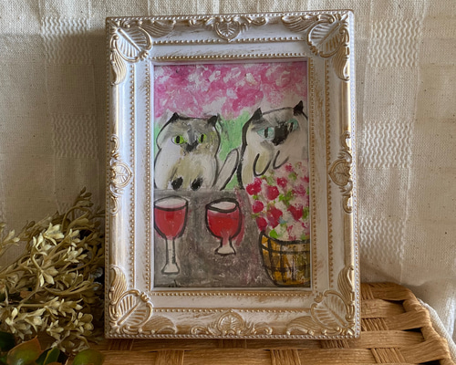 絵画。原画手描【シャム猫たちはデート記念日のためにさくらんぼケーキを用意した】 絵画。原画手描【シャム猫たちはデート記念日のためにさくらんぼ