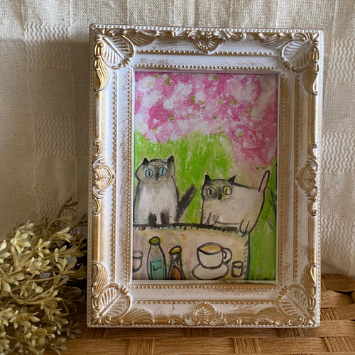 無料配達 絵画。原画【美味しいビールとコーヒー、シャム猫たちの 絵画