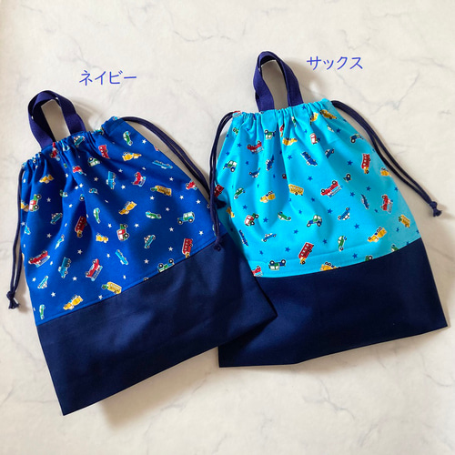 受注制作☆持ち手付き巾着袋3Lサイズ40×35（カラフル自動車柄ネイビー