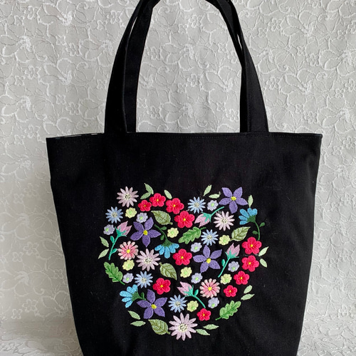 再販 花ハート刺繍のトートバッグ トートバッグ AZmama 通販