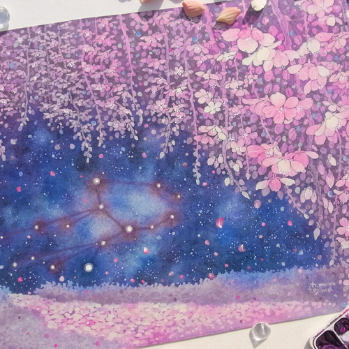Snowさま専用（原画）夜桜と一緒に【A5サイズ／水彩画】絵画 水彩画/原画】スピカの夜桜 タペストリー・壁掛け てじまともこ