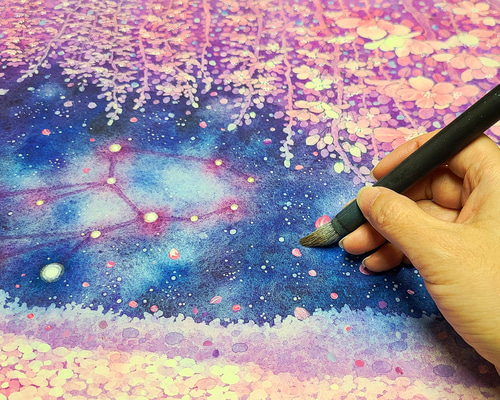 水彩画/原画】スピカの夜桜 タペストリー・壁掛け てじまともこ