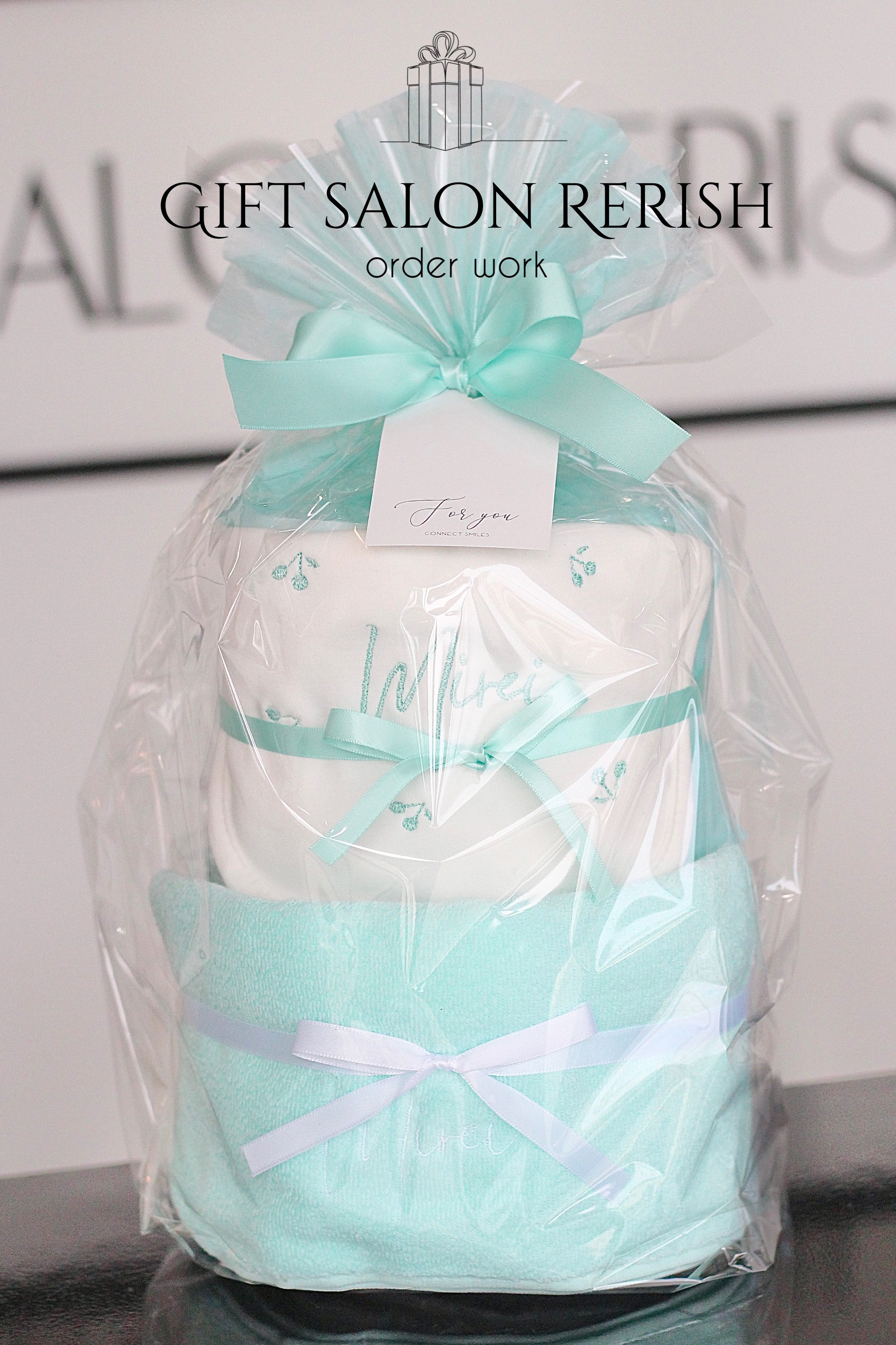 名入れ 星柄 さくらんぼ柄 おむつケーキ（M）ブルーグリーン 2段　オムツケーキ　出産祝い 刺繍　スタイ　タオル