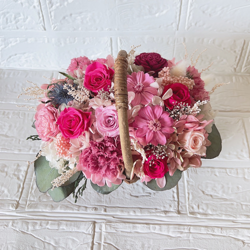 母の日 春色ピンク プリザーブドフラワー フラワーバスケット フラワー