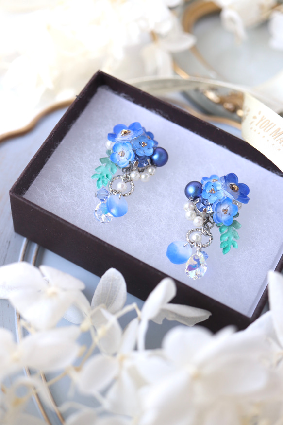Nemophila Shararin*bijou 耳環/耳環，鮮花，藍色，春天，禮物 第5張的照片
