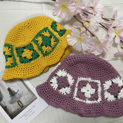 ハッピー　ベレー帽　patchwork motif ハンドメイド モチーフ編みバケハ 帽子(ベビー・キッズ) ohana 通販 15545146