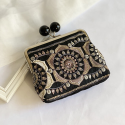 【特集掲載】  親子がま口財布　インド刺繍リボン　カードポケット付き　キャンディブラック　ブラック 3枚目の画像