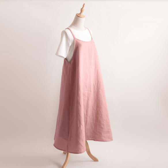サイズ選べます【姿の美しいサロペットスカート】リネン　ベージュピンク　ストラップ型 2枚目の画像