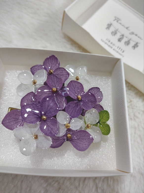 本物の紫陽花アナベルブローチクリップ　ヘアクリップ　帯留め　コサージュ　パープル&ホワイト 2枚目の画像