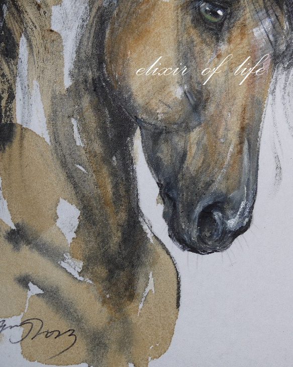 淡い茶色の馬のポートレート２０２３（墨絵、厚い和紙３１，５ｃｍ×２３，４ｃｍ、墨、パステル、アクリル） 3枚目の画像