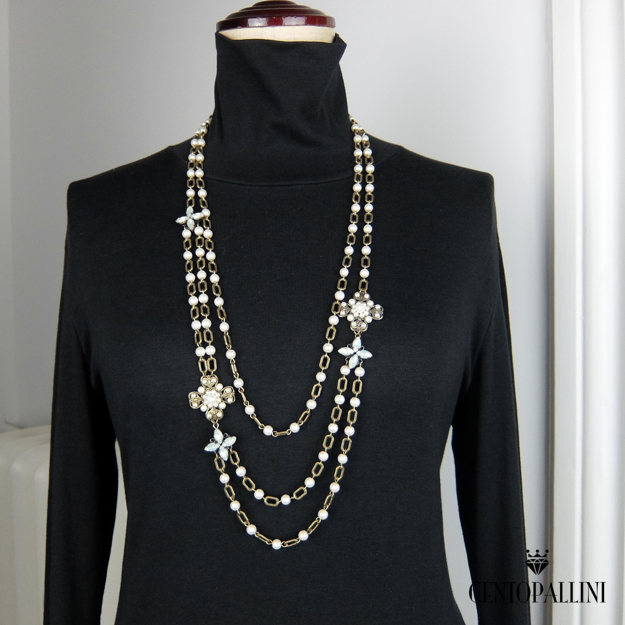 ホワイトクロスパール・ツーウェイ・ロングネックレス、イタリア製パールネックレス