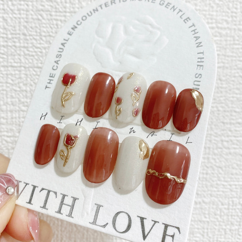 ネイルチップオーダー ワインレッド赤ピンクホワイトパール春ゴールドニュアンス ネイルチップオーダー ワインレッド赤ピンクホワイトパール春ゴールド