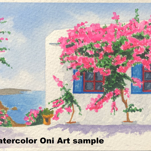 女の子向けプレゼント集結 エーゲ海とブーゲンビリア」額縁付 風景画 原画 透明水彩画 絵画