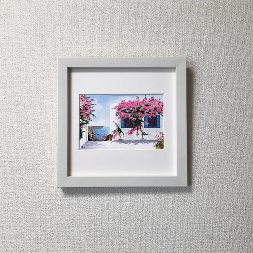 エーゲ海とブーゲンビリア」額縁付 透明水彩画 原画 風景画