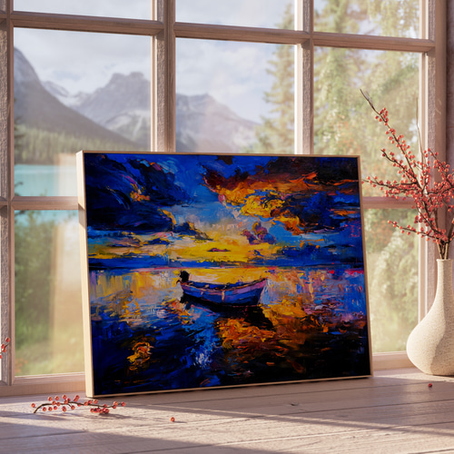 アートポスター 夕暮れの青い船 印象派油彩画 海景画 モダンアート