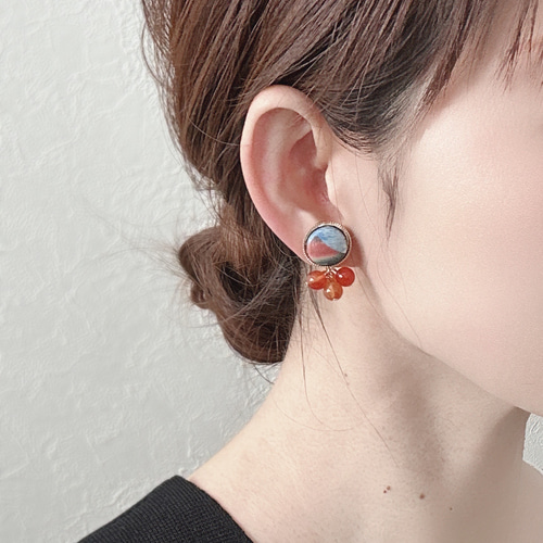 ハンドメイド天然石ピアス3点セット　美品✨作家 葛飾北斎【富嶽三十六景 凱風快晴】の天然石ピアス/イヤリング〈絵画