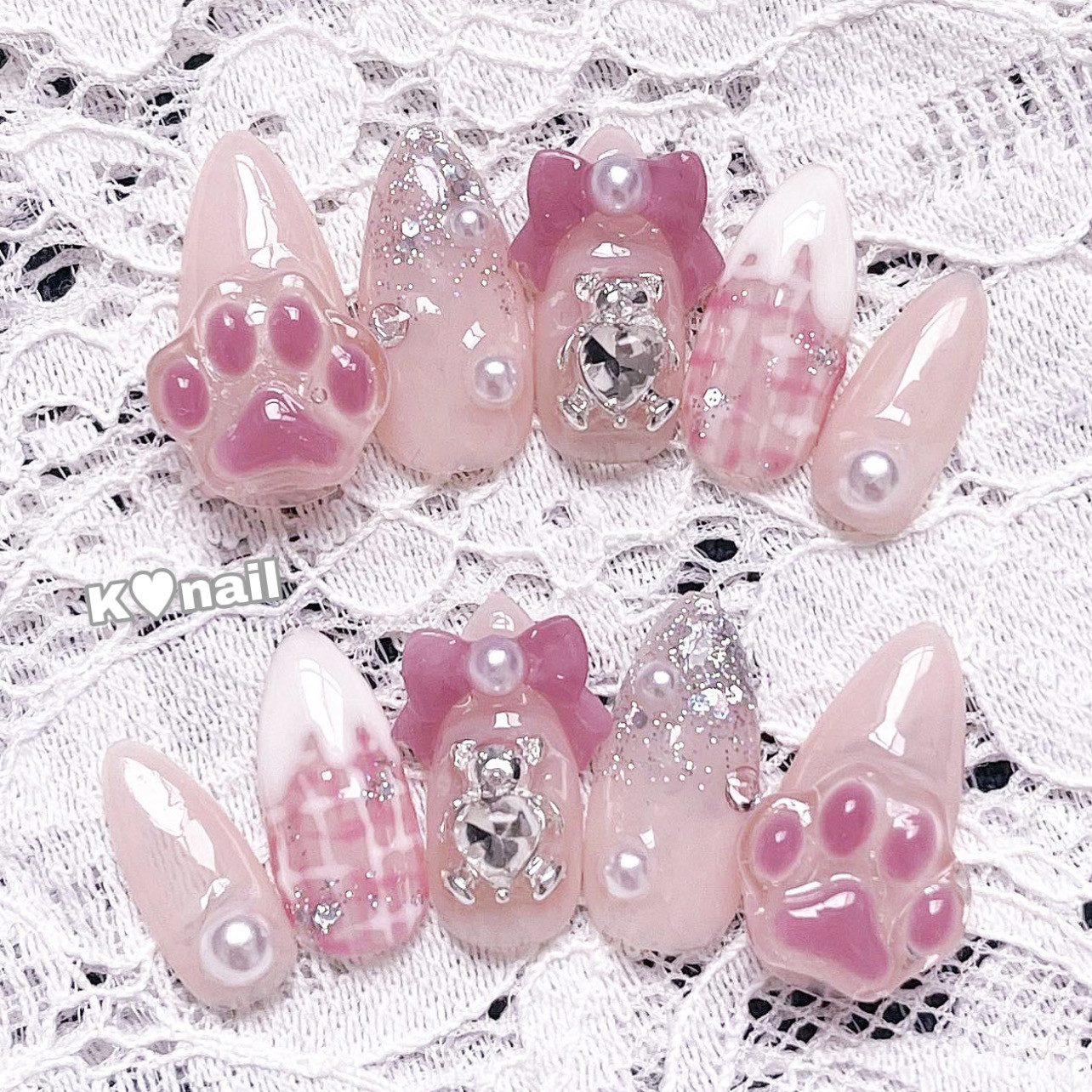 ネイルチップ♥︎韓国綺麗系量産型地雷系フレンチガーリーくまさんワンホンキャンディknailsize