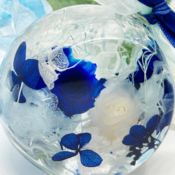 青薔薇 白薔薇 ハーバリウム ネコ瓶ボトル～本物の薔薇が２輪 ギフト 結婚祝い　紫陽花ハンドメイド2023 3枚目の画像
