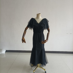 送料無料！黒いドレス ソフトチュール ベアトップ スリット トレーン 美品！ イブニングドレス 14枚目の画像