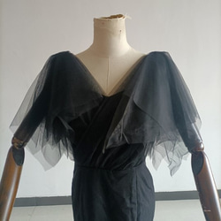 送料無料！黒いドレス ソフトチュール ベアトップ スリット トレーン 美品！ イブニングドレス 3枚目の画像