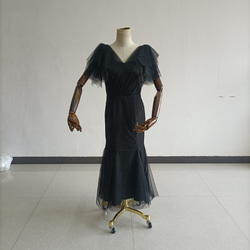 送料無料！黒いドレス ソフトチュール ベアトップ スリット トレーン 美品！ イブニングドレス 12枚目の画像