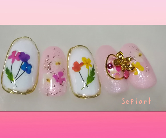 ジェルネイルチップ☆付け爪〜フラワーネイル☆春ネイル~ピンク 1枚目の画像