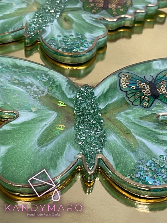 グリーン　バタフライ蝶々　レジン　トレー　お皿　コースター 14枚目の画像