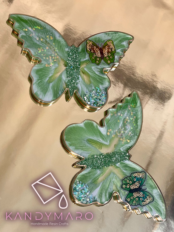 グリーン　バタフライ蝶々　レジン　トレー　お皿　コースター 6枚目の画像