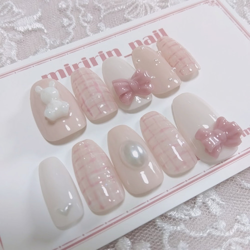 フレンチガーリー ネイルチップ うさぎツイード ピンクなネイルチップ