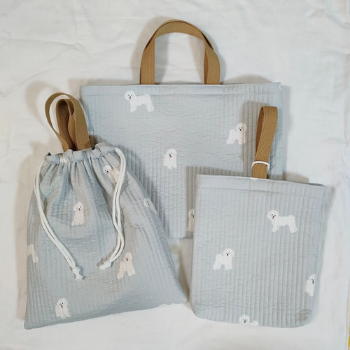 完成品 入園入学3点セット ☆セミオーダー キルティング 犬 ドッグ柄☆ 手提げ・レッスンバッグ・入園グッズ