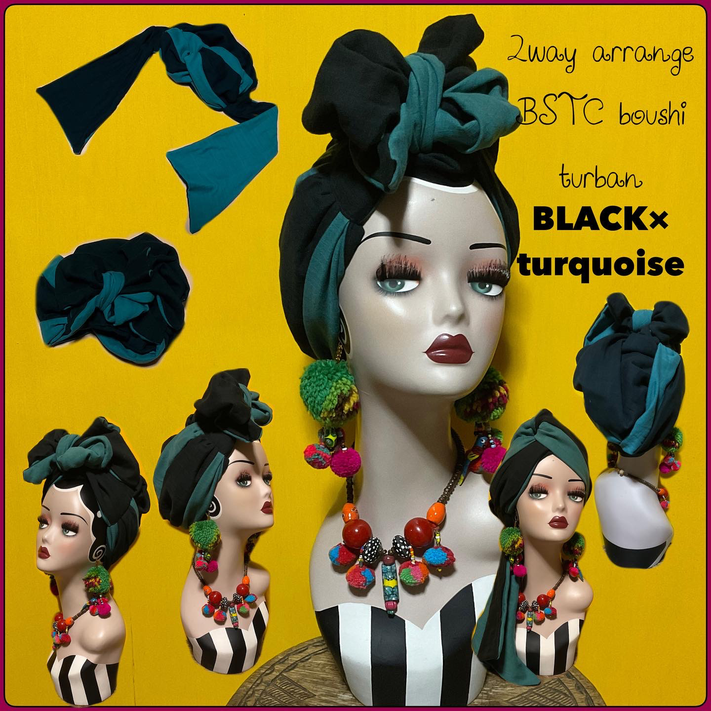 2way アレンジ　BSTC 帽子タイプ　ヘアターバン　ブラック×ターコイズ