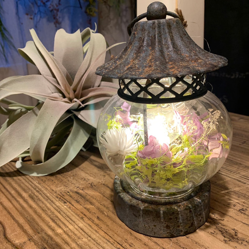 レトロアンティーク風LEDランタン(丸)ドライフラワーアレンジ スタンド