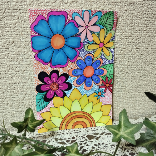 障害者アート 手描きイラスト 原画 花 カラフル インテリア