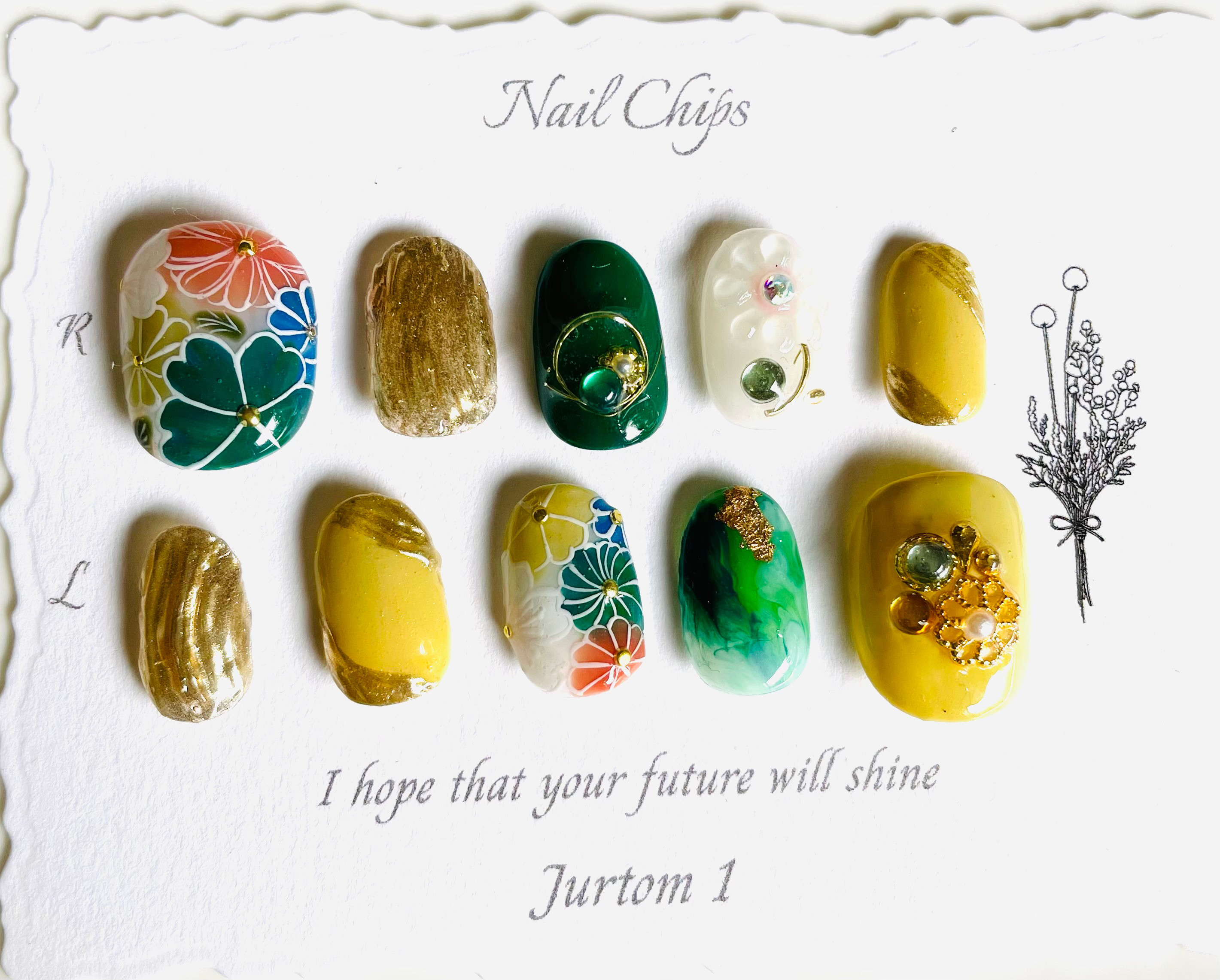 jurtom 1ネイル／ぷっくりフラワー和柄ネイル／グリーンネイル／成人式ネイル／ブライダルネイル／和柄ネイル