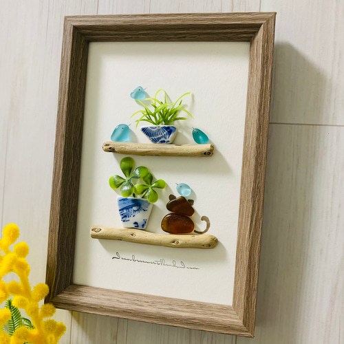 原画 一点物 シーグラスアート 海の宝石 猫ちゃん 小鳥北欧 ガラス細工