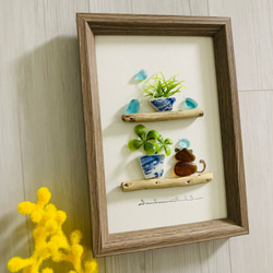 【中古品】宝石 ストーン・アート 鳥 花 孔雀 ガラス入木製 原画 一点物 シーグラスアート 海の宝石 猫ちゃん 小鳥北欧 ガラス細工