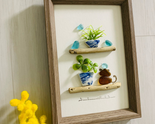 原画 一点物 シーグラスアート 海の宝石 猫ちゃん 小鳥北欧 ガラス細工