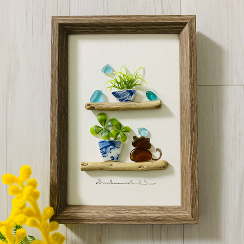 原画 一点物 シーグラスアート 海の宝石 猫ちゃん 小鳥北欧 ガラス細工