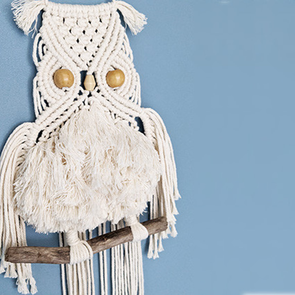 マクラメ編み　タペストリー　OWL 　ホワイト 2枚目の画像