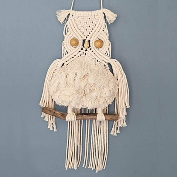 マクラメ編み　タペストリー　OWL 　ホワイト 1枚目の画像