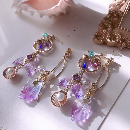 再販2】マーメイド 人魚姫の2wayピアス／イヤリング（パープル 