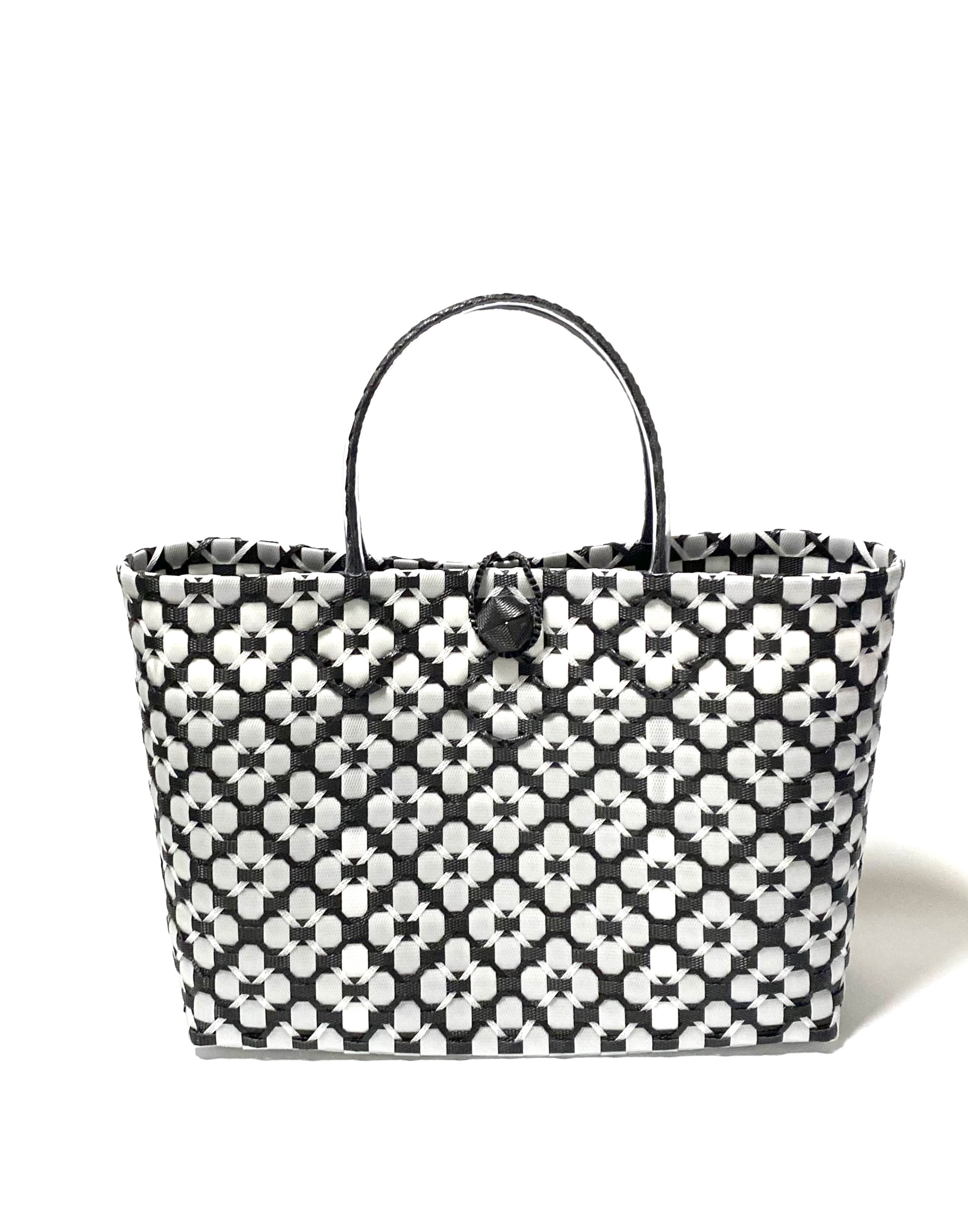 かごバッグ ホワイト/ブラック ➖即納可能➖プラかごバッグ☆ ホワイトxブラック 花柄 3Lサイズ
